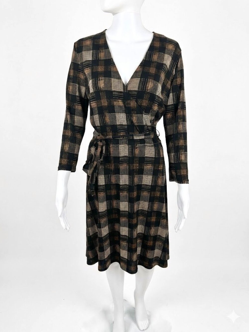 Leota New York Wrap Dress Small Chase and Wonder Plaid Dot Print Black Brown NYC